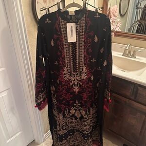 Elegant Black and Red Embroidered Dress - Kurta and Trouser - NWT